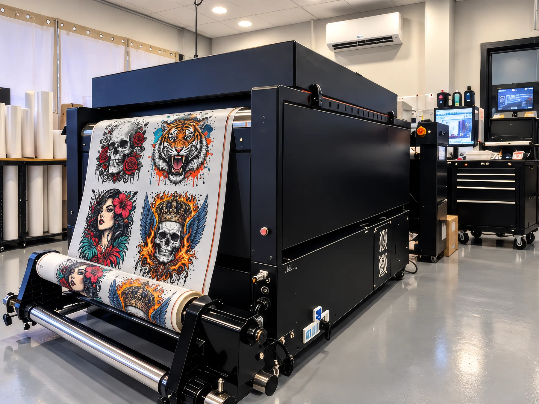Colorful tiger artwork coming off a Heavy Hitters print production machine