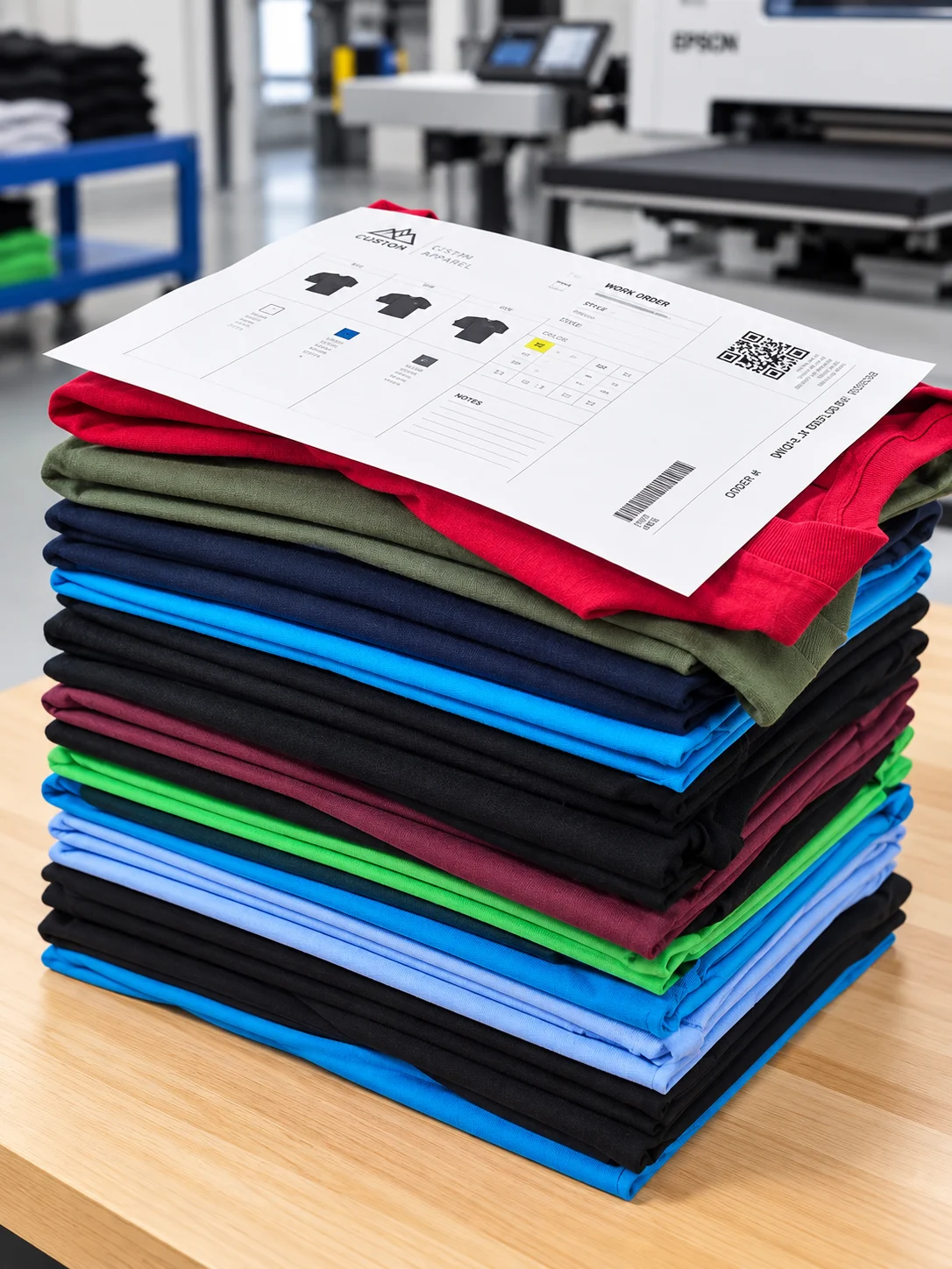 Colorful folded apparel with a production order sheet