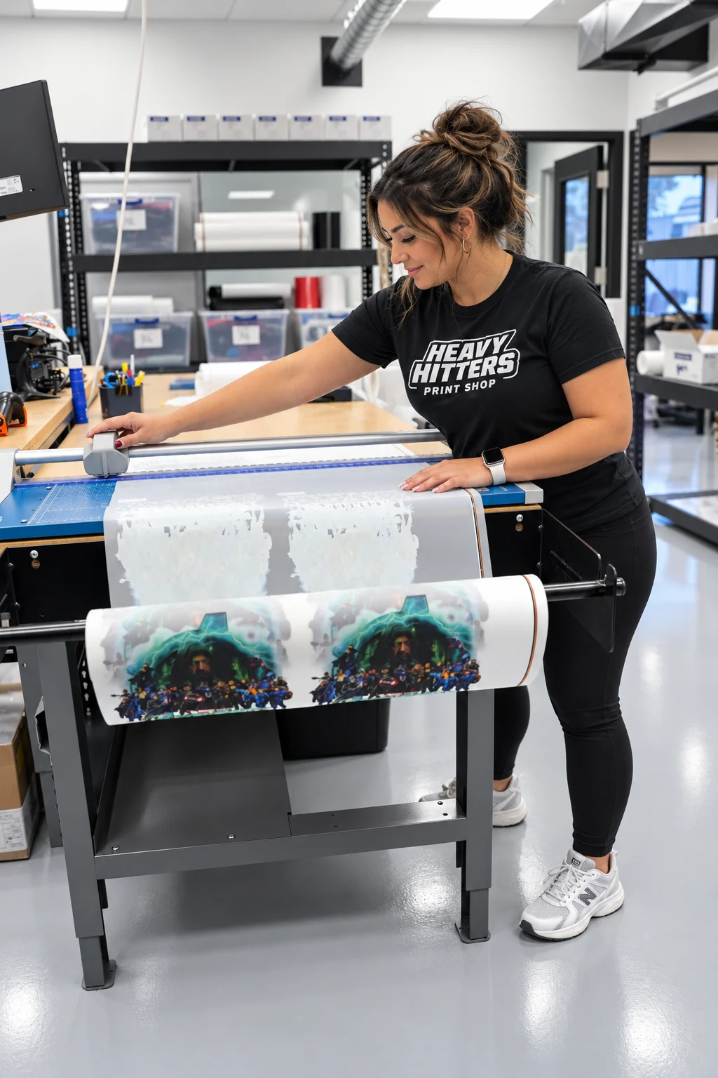 A Heavy Hitters team member working on printed apparel
